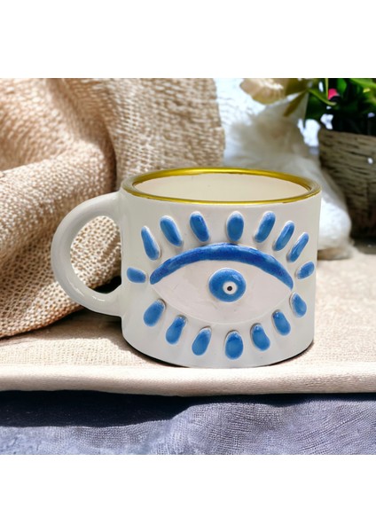 Mavi Göz ve Nazar Boncuk Detaylı El Yapımı Geniş Kahve Kupası