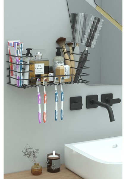 Yapışkanlı Diş Fırçalık ve Banyo Rafı Organizeri Metal Mat Siyah