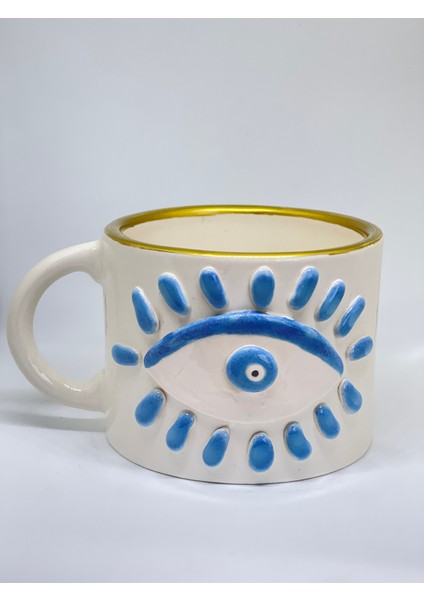 Mavi Göz ve Nazar Boncuk Detaylı El Yapımı Geniş Kahve Kupası fiyatları