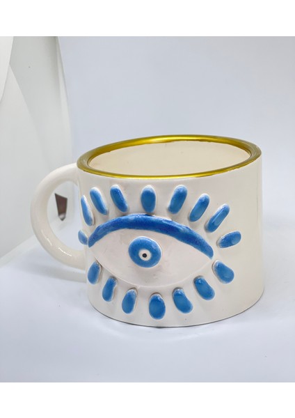 Mavi Göz ve Nazar Boncuk Detaylı El Yapımı Geniş Kahve Kupası modelleri