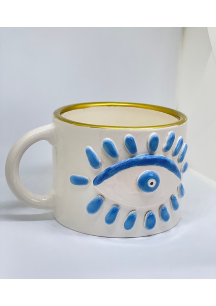 Mavi Göz ve Nazar Boncuk Detaylı El Yapımı Geniş Kahve Kupası fırsatları