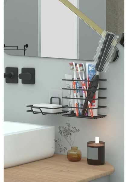 Yapışkanlı Metal Diş Fırçalık + Banyo Sabunluk 2li Set