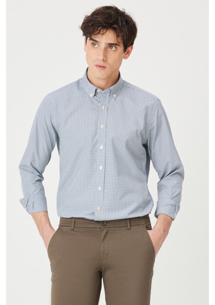Erkek Yeşil Slim Fit Dar Kesim Düğmeli Yaka Pamuklu Kareli Gömlek