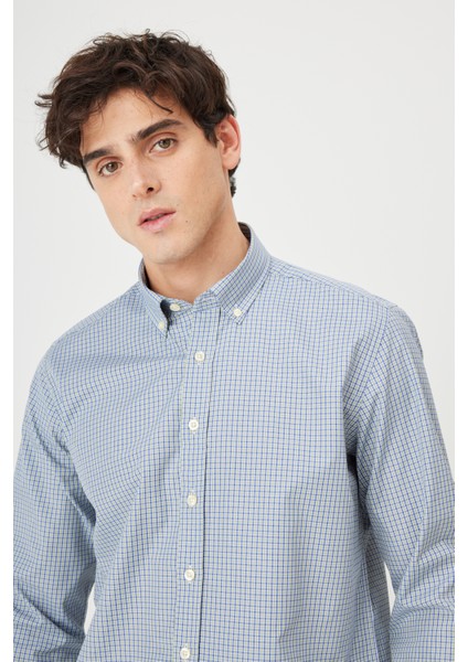 Erkek Yeşil Slim Fit Dar Kesim Düğmeli Yaka Pamuklu Kareli Gömlek modelleri