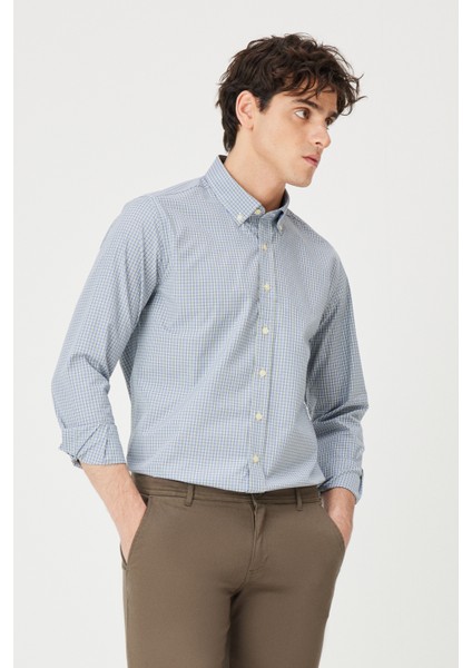 Erkek Yeşil Slim Fit Dar Kesim Düğmeli Yaka Pamuklu Kareli Gömlek indirimleri