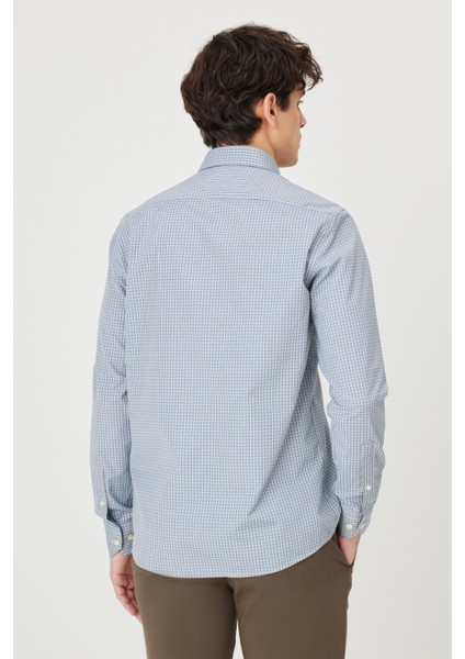 Erkek Yeşil Slim Fit Dar Kesim Düğmeli Yaka Pamuklu Kareli Gömlek