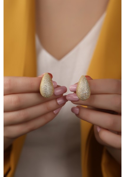 925 Ayar Gold Bottega Gözyaşı Taşlı Damla Küpe