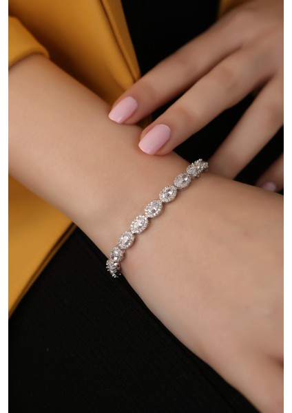 925 Ayar Oval Pırlanta Montur Kutu Kilitli Su Yolu Bileklik 18CM