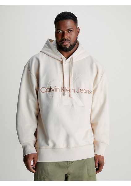 Calvin Klein Erkek Pamuklu Logolu Regular Fit Kapüşonlu Beyaz Sweatshirt J30J324623-YBI