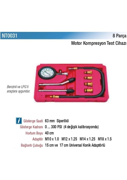 Nt Tools Motor Kompresyon Test Cihazı 8 Parça NT0031