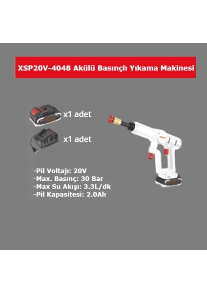 20V Akülü Basınçlı Yıkama Makinası 2AH. Tek Akü 30 Bar Basınç XSP20V-4048