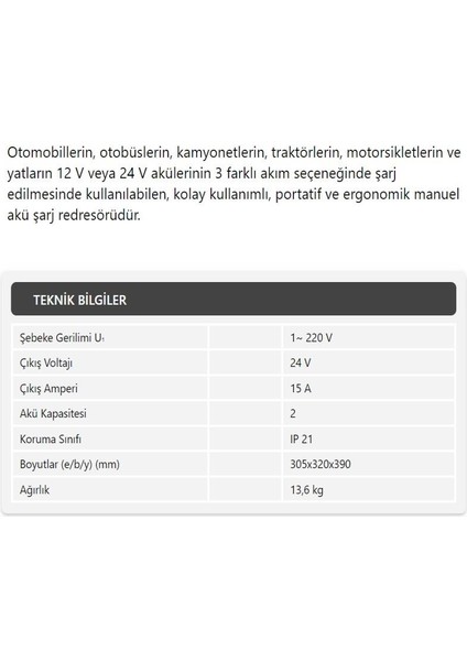 Akü Şarj Cihazı Redresör 24V-15A BC2415