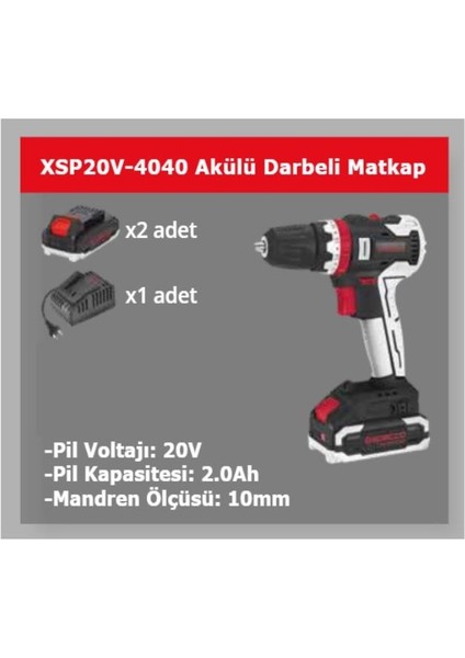 Profesyonel 20V Akülü Darbeli Delme Vidalama 2A Çift Akü Çantalı XSP20V-4040