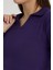 Curve Büyük Beden Pamuklu Likralı V Yaka Basic Düz Koyu Mor Bluz 2