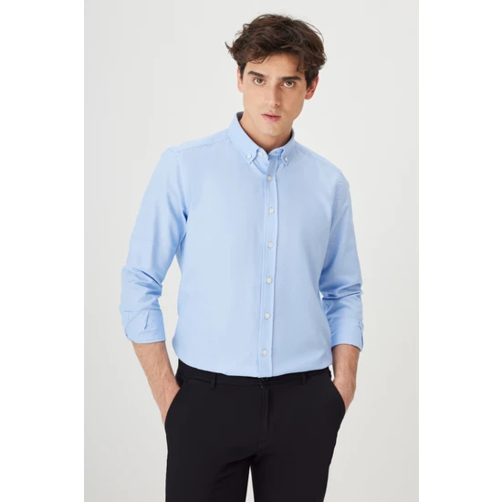 AC&Co / Altınyıldız Classics Erkek Mavi Düğmeli Yaka Kolay Ütülenebilir Pamuklu Slim Fit Dar Kesim Oxford Gömlek