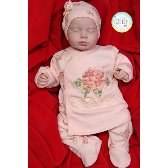 Bebeloji Baby Rose Nakış Detaylı Kız Bebek Hastane Çıkışı 3'lü Set Yenidoğan Takımı