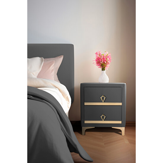 Gazzini Furniture Doppia Linea Gold Iki Çekmeceli Gri Komodin- Kumaş Döşemeli Yatak Odası 2 Çekmeceli Komodin Modeli