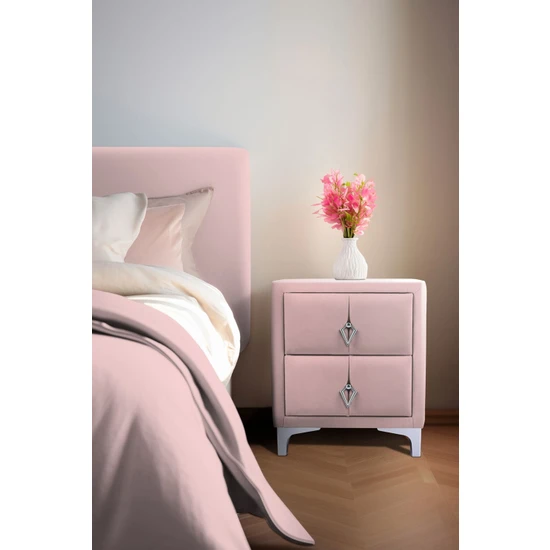 Gazzini Furniture Harmony Silver Iki Çekmeceli Komodin- Yatak Odası Kumaş Döşemeli 2 Kapaklı Komodin Modeli Pembe