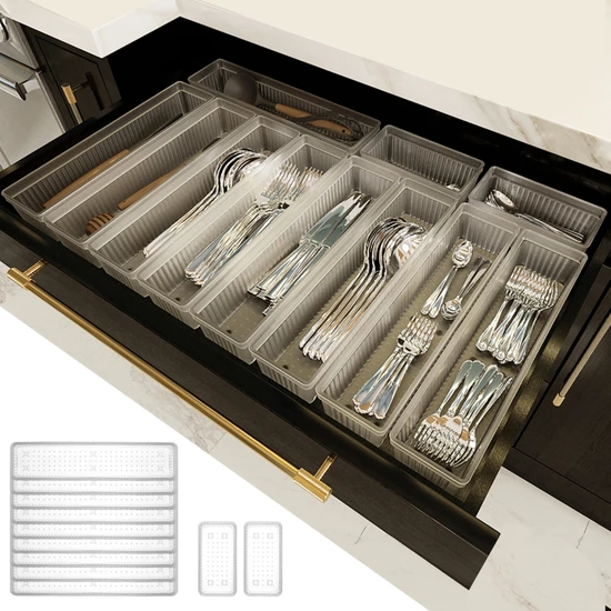 Meleni Home 11'li Modüler Set Kaşıklık Çekmece Içi Düzenleyici Çatal Kaşık Bıçak Düzenleme Organizeri Şeffaf
