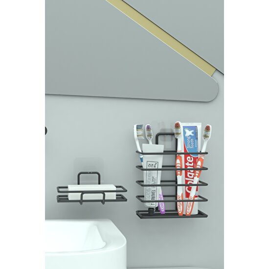 Zabata Yapışkanlı Metal Diş Fırçalık + Banyo Sabunluk 2li Set
