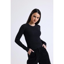 Siyah Bisiklet Yaka Uzun Kollu Fitilli Kaşkorse Bluz