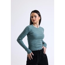 Çağla Bisiklet Yaka Uzun Kollu Fitilli Kaşkorse Bluz