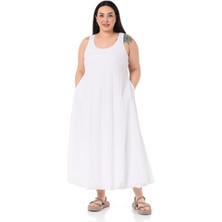 Büyük Beden Pencere Detaylı Askılı Beyaz Balon Elbise