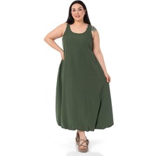 Büyük Beden Pencere Detaylı Askılı Haki Balon Elbise