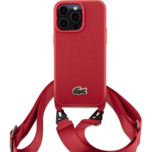 Lacoste iPhone 15 Pro Max Kılıf Lacoste Orijinal Lisanslı Pu Pike Desen Askılı Ikonik Timsah Logolu Kırmızı