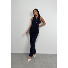 Black Fashion V Yaka Çizgili Kruvaze Yelek