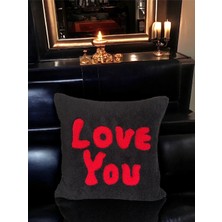 Leila Home Siyah Kırmızı Peluş Kırmızı Punch Işlemeli Sevgililer Günü Dekoratif Yastık Kırlent Kılıfı