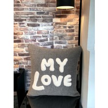 Leila Home Gri Beyaz Punch Nakış Işlemeli Sevgililer Gününe Özel My Love Yazılı Dekoratif Kırlent Kılıfı