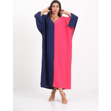 Keyifli Moda Kadın Pembe Lacivert Renk Bloklu Sırtı Otantik Nakışlı Cepli Uzun Overisize Elbise