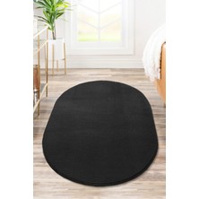 Siyah Oval Post Halı Peluş Yumuşak Kaymaz Dot Taban