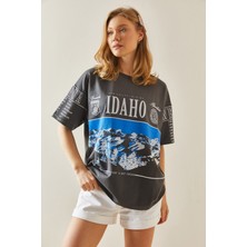 Xhan Antrasit Baskılı Bisiklet Yaka Oversize T-Shirt 5YXK1-48004-36