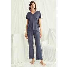 Monamise 18484 Kadın V Yaka  Kısa Kollu Pijama Takımı-Lacivert