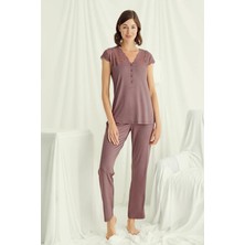 Monamise 18509 Kadın V Yaka Dantelli Düğmeli Kısa Kollu Pijama Takımı-Kahve
