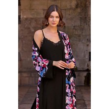 Monamise 23028 Kadın Ip Askılı Gecelik Sabahlık Takım-Siyah