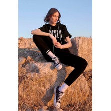 Monamise 23096 Kadın Kısa Kollu Kapişonlu Eşofman Takımı-Siyah