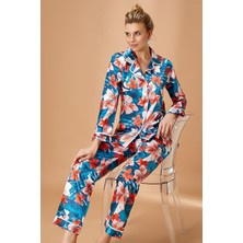 Nurteks 5654X Kadın Büyük Beden Saten Önden Düğmeli Uzun Kollu Pijama Takımı-Yeşil