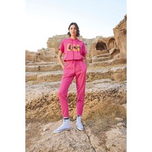 Monamise 23089 Kadın Kısa Kollu Kapişonlu Eşofman Takımı-Pembe