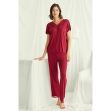 Monamise 18495 Kadın V Yaka  Kısa Kollu Pijama Takımı-Kırmızı