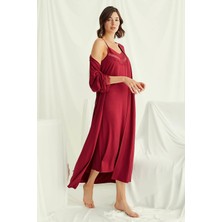 Monamise 18520 Kadın Ip Askılı Gecelik Sabahlık Takım-Kırmızı