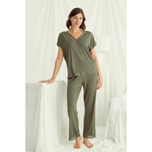 Monamise 18488 Kadın V Yaka  Kısa Kollu Pijama Takımı-Haki