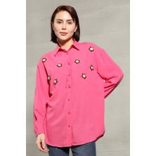 Kadın Boncuk Nakışlı Uzun Kol Gömlek Fuşya - 8010