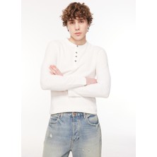 Denim Trip Slim Fitted Yarım Pat Uzun Kollu Beyaz Erkek T-Shirt