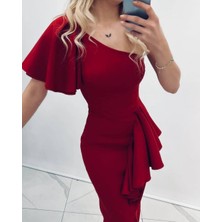 Merlavin Kadın Tek Omuz Detay Volanlı Atlas Kumaş Elbise