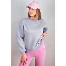 Ritnice Kadın Cozy Içi Polarlı Gri Basic Bisiklet Yaka Pamuklu Kalın Örme Sweatshirt