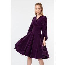 Laranor Balon Kol Kruvaze Yaka Kloş Elbise 42 - Mürdüm