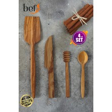 Bef Craft Tahta Kaşık Seti Ahşap Servis Seti  Zeytin Ağacı El Yapımı 4 Parça Ahşap Tahta Kaşık Bal Kaşığı Şeker Kaşığı Spatula Bıçak Servis Set